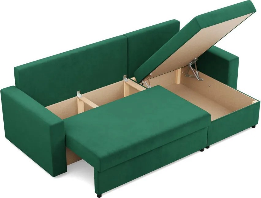 Zeus sarokkanapé, 2 ágyneműtartóval, egyenes kartámasz, bársony, univerzális oldal, hab töltet, zöld