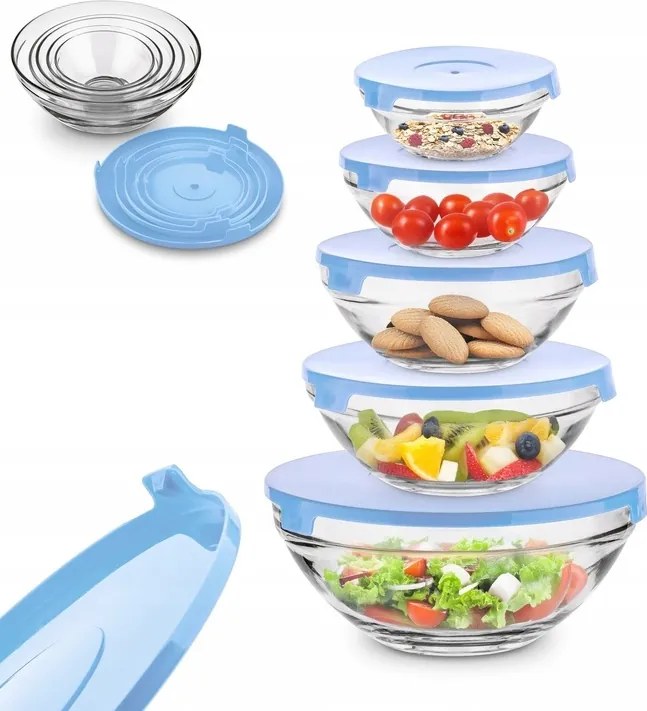 5 db-os Üvegtál szett fedővel Salátástálak élelmiszer tárolására