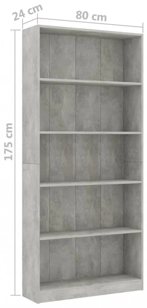 5-szintes betonszürke szerelt fa könyvszekrény 80 x 24 x 175 cm