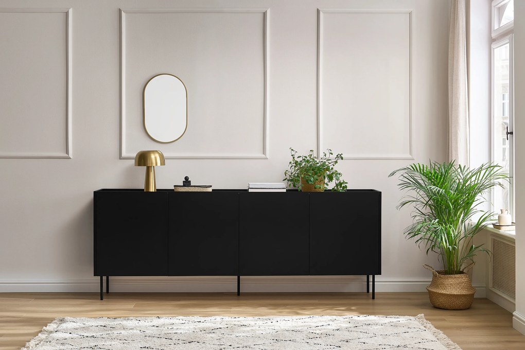 Desin komód 220 cm négyajtós - fekete matt / nagano tölgy