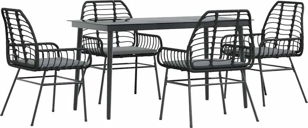 vidaXL 5 részes fekete polyrattan üveg kerti étkezőgarnitúra párnákkal