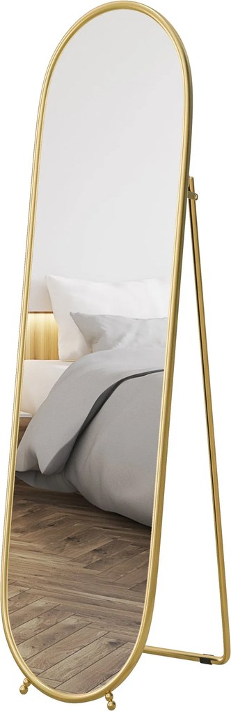 HOMCOM Teljes hosszúságú tükör, 160 x 40 cm fali tükör állvánnyal, fém keret, ovális állótükör a nappaliba, hálószobába, arany | Aosom