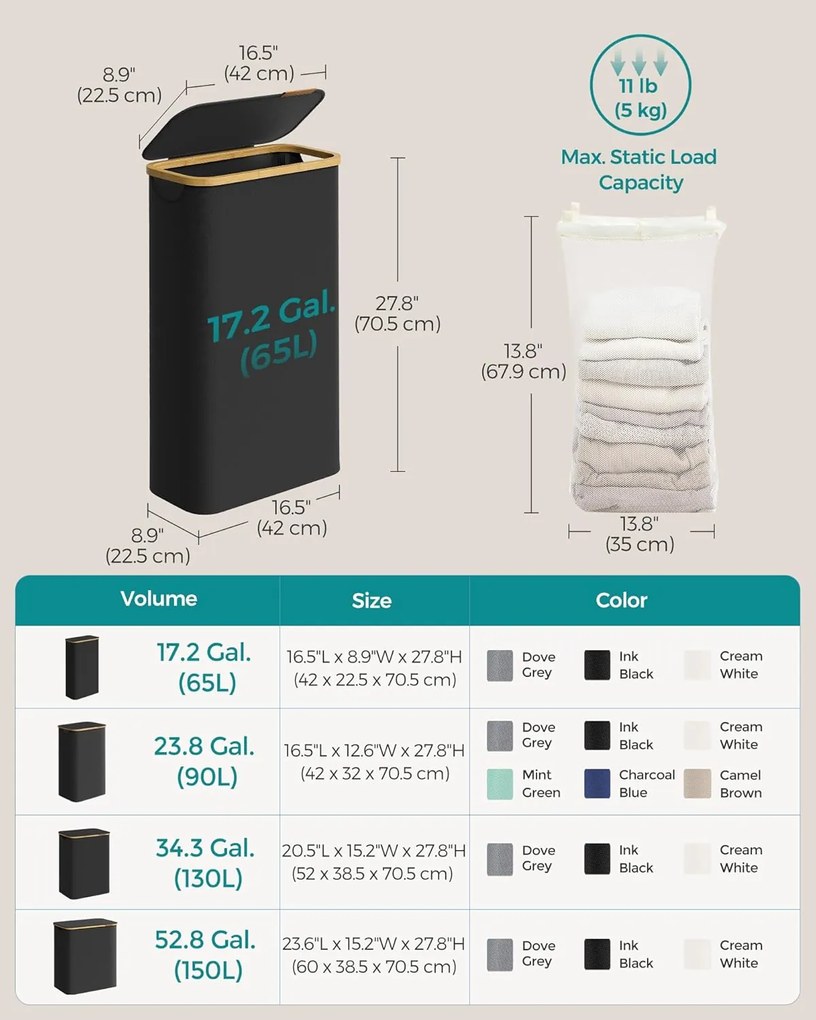 SONGMICS 65L szennyeskosár fedéllel, keskeny kialakítás, 42 × 22,5 × 70,5 cm, fekete