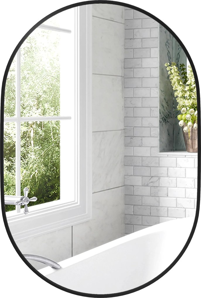 HOMCOM Ovális Tükör a Fürdőszobába 60x90cm Edzett Üveg, Modern Fali Tükör Alumínium Ötvözet Kerettel, Függőleges/Horizontal Beépítés, Hálószobába, Elő