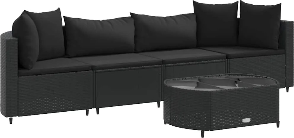 vidaXL 5 részes fekete polyrattan kerti kanapészett párnákkal