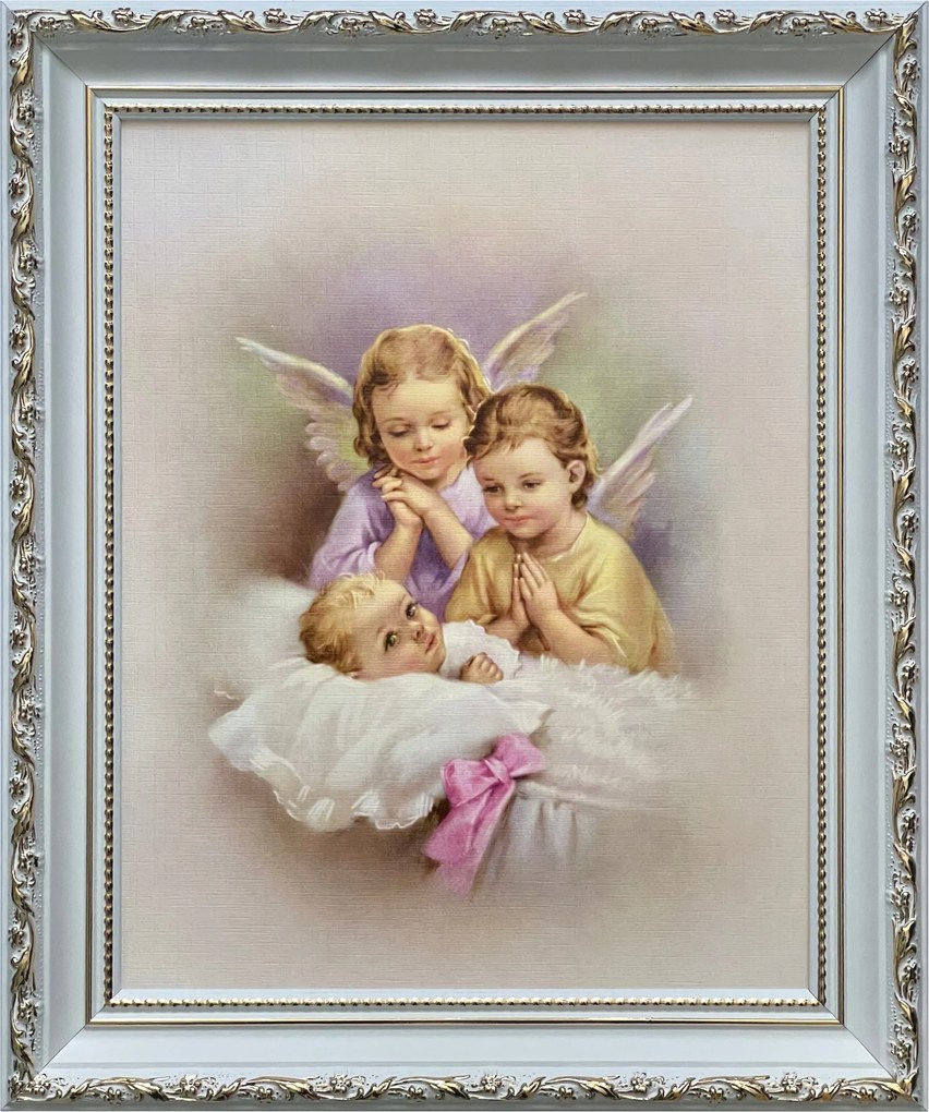 Vászonkép 31x26 Őrangyal Angyal Fehér Díszített Keresztelő Ajándék Keret