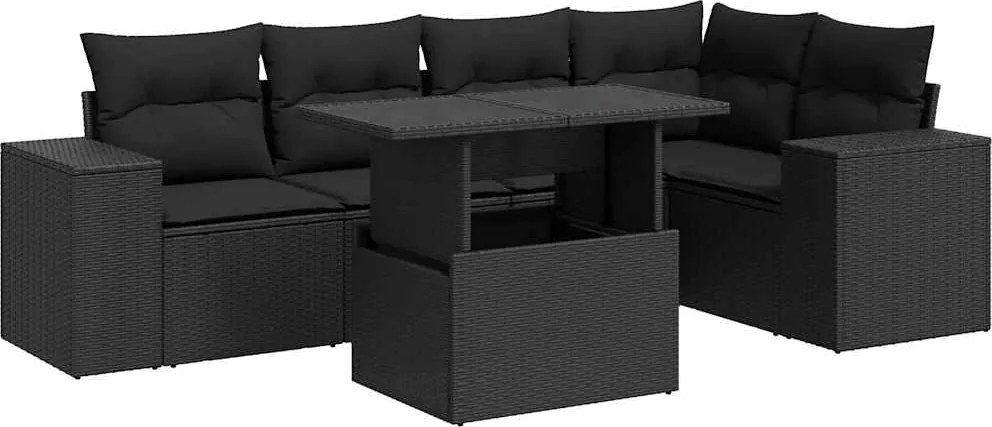 vidaXL 6 részes fekete polyrattan kerti ülőgarnitúra párnákkal