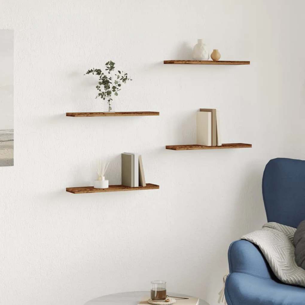 4 db antik fa színű szerelt fa fali polc 40 x 10 x 1,5 cm