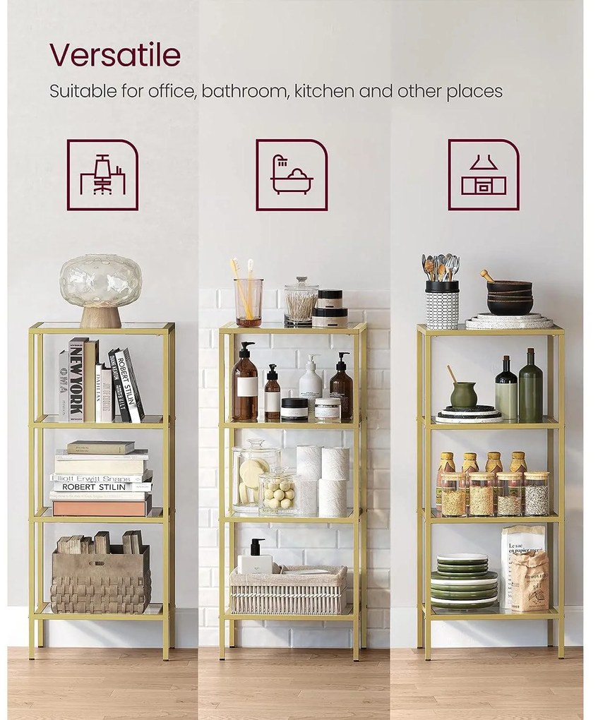 Fürdőszobai tárolópolc 95x40x30 cm, edzett üveg tároló állvány, arany