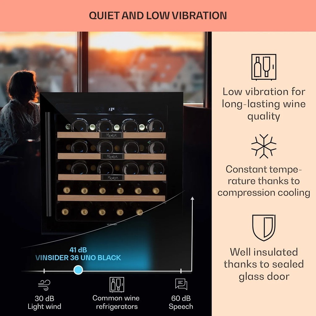 Klarstein Vinsider 36 Built-In Uno, beépített borhűtő, 92 liter, 36 palack, rozsdamentes acél