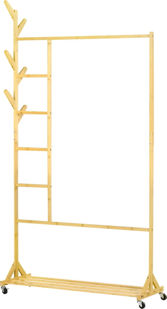 HOMCOM Bambusz Álló Ruhafogó Kerekekkel Kabáttartó 6 Kampóval, Akasztósrúddal és Polccal Előszobába, Hálószobába 100x37x191 cm Természetes | Aosom