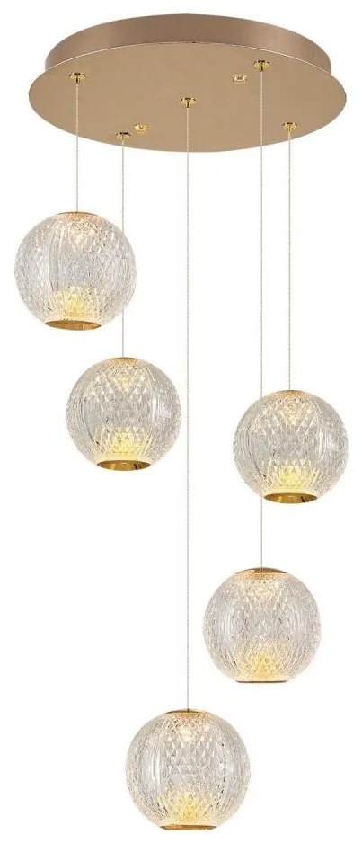 LED csillár kábelen CREMONA, 5×5 W, 230 V, 3000 K, aranyszínű