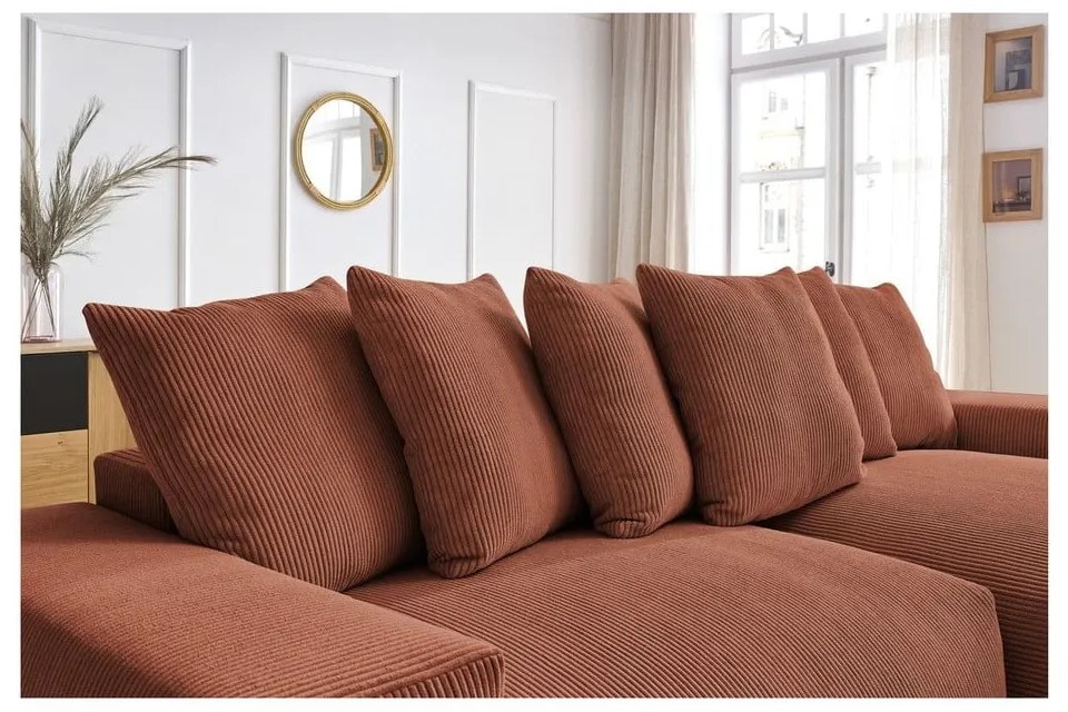Terrakotta színű kordbársony kinyitható-tárolóhelyes sarokkanapé Voltaire – Bobochic Paris