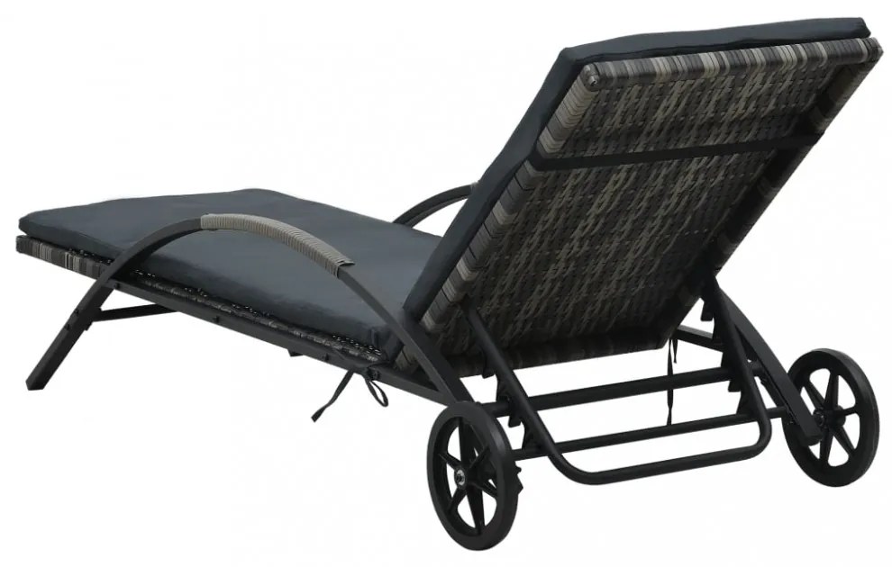 antracitszürke polyrattan napozóágy párnával és kerekekkel