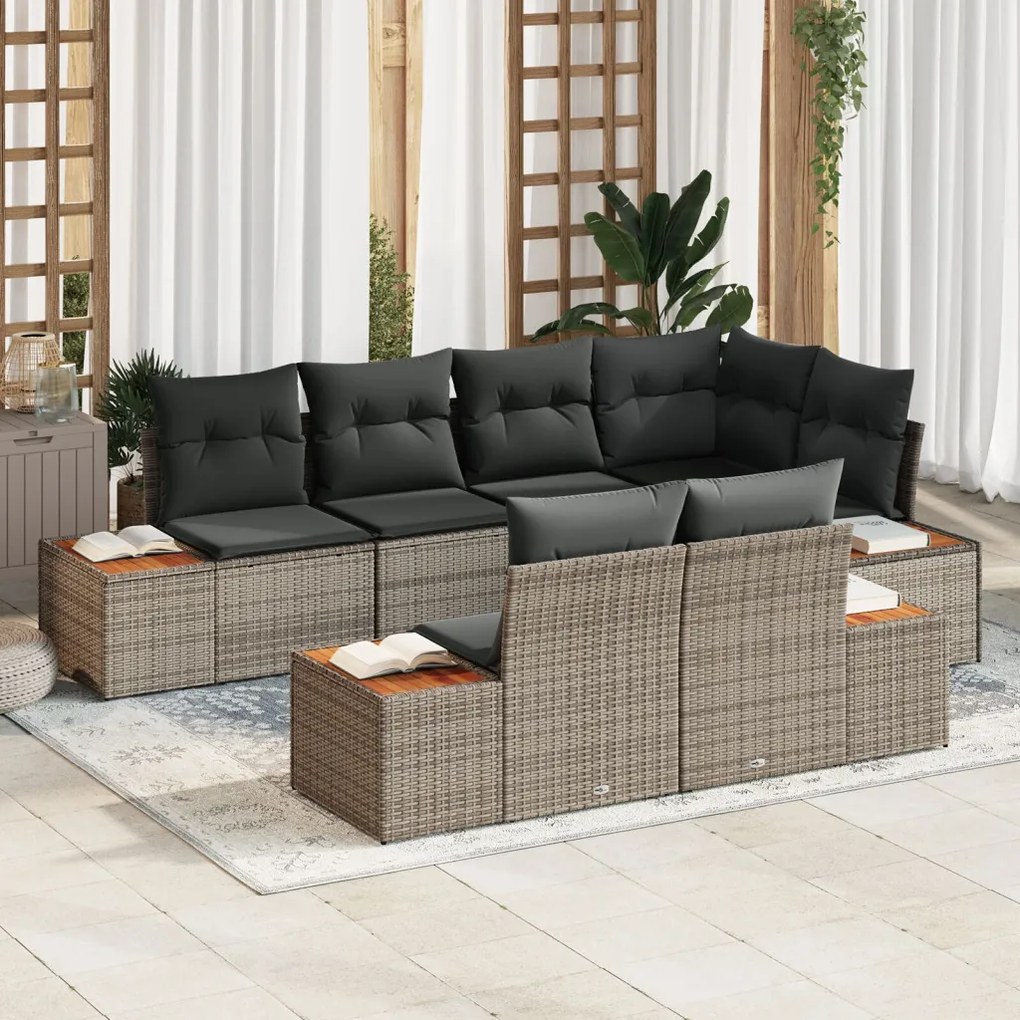 7 Darab Kerti Kanapé Szett Párnákkal Szürke Poli Rattan Acacia