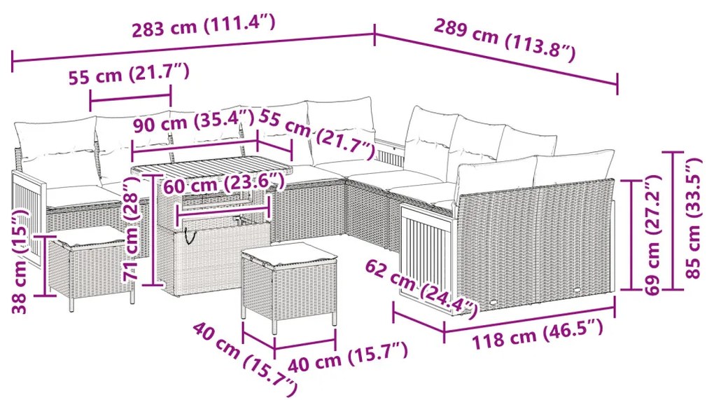 13 darabos Kert Kanapé Készlet Párnákkal Fekete Poli Rattan Akác