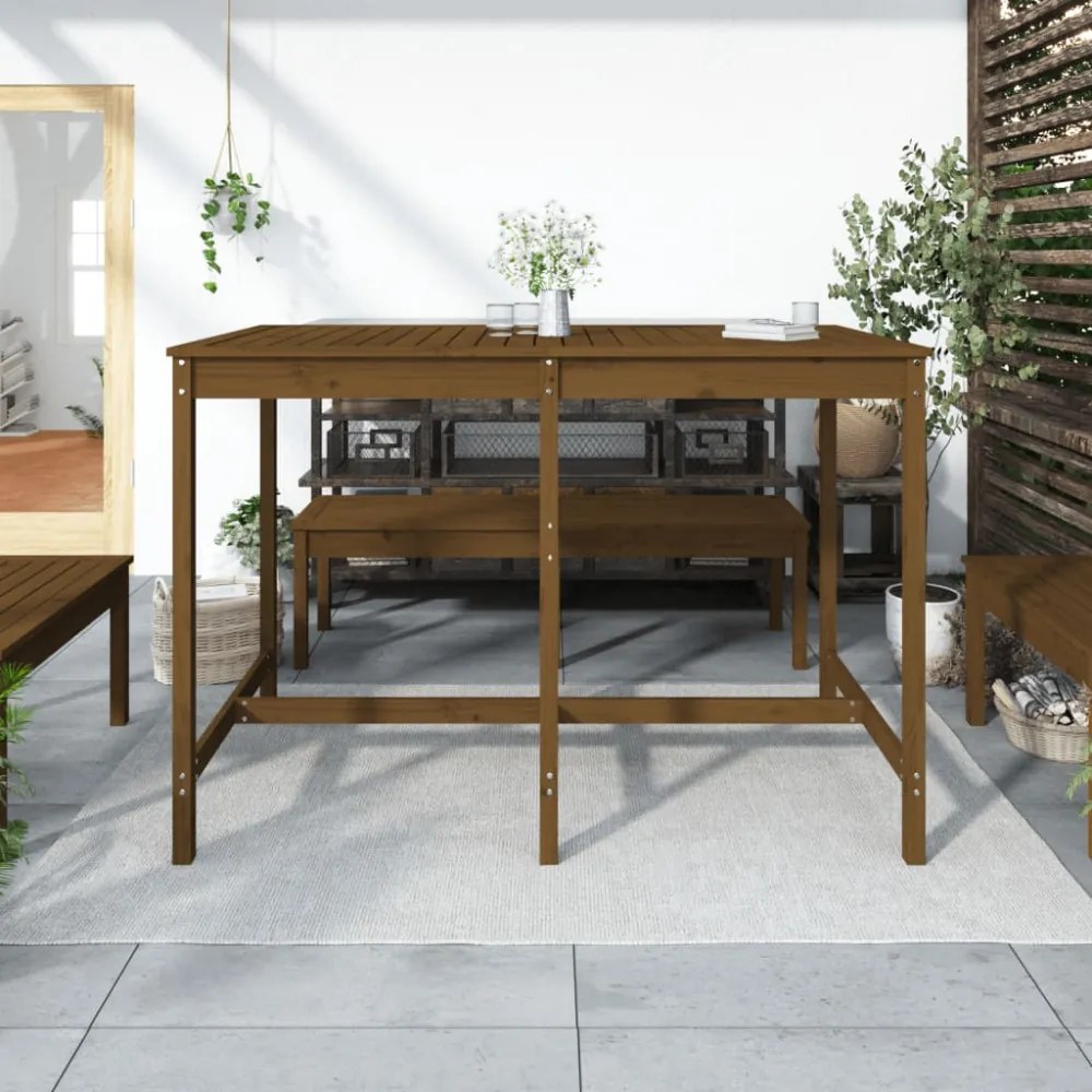 mézbarna tömör fenyőfa kerti asztal 159,5 x 82,5 x 110 cm