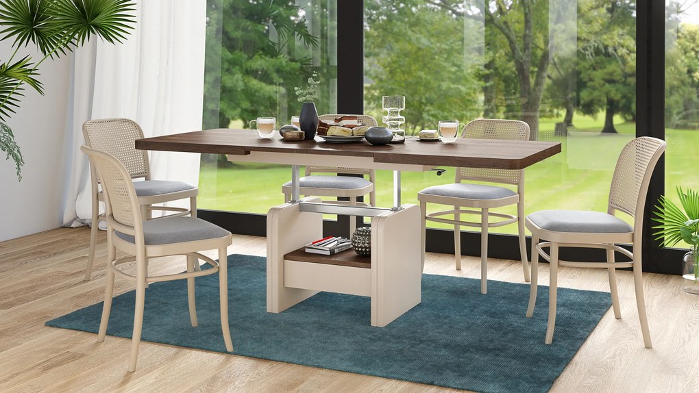 Mazzoni LEXUS Barna Tölgy/Bézs (Pezsgőszínű) - MODERN DOHÁNYZÓASZTAL NYITHATÓ/MAGASÍTHATÓ ÉTKEZŐASZTAL ÉS DOHÁNYZÓASZTAL EGYBEN