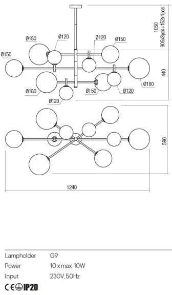 Redo 01-2781 - Csillár rúdon ROY 10xG9/10W/230V