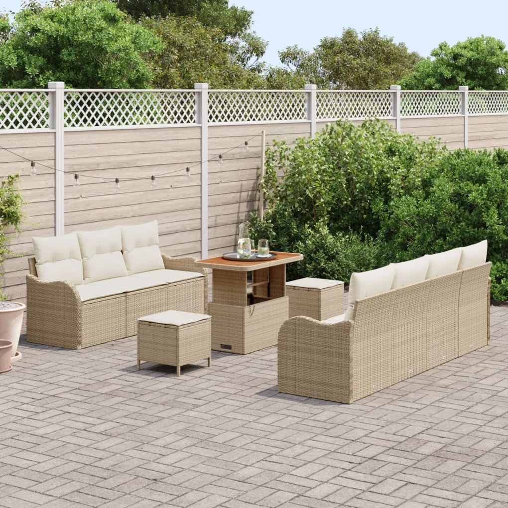 10 Darabos Kert Sofa Szett Párnákkal Bézs Poli Rattan Akácia, 2-Fős Kert Sofa Tárolóval &amp; Párnákkal Bézs Poli Rattan, 3 Darabos Kert Étkező Szett Párnákkal Bézs Poli Rattan Akácia