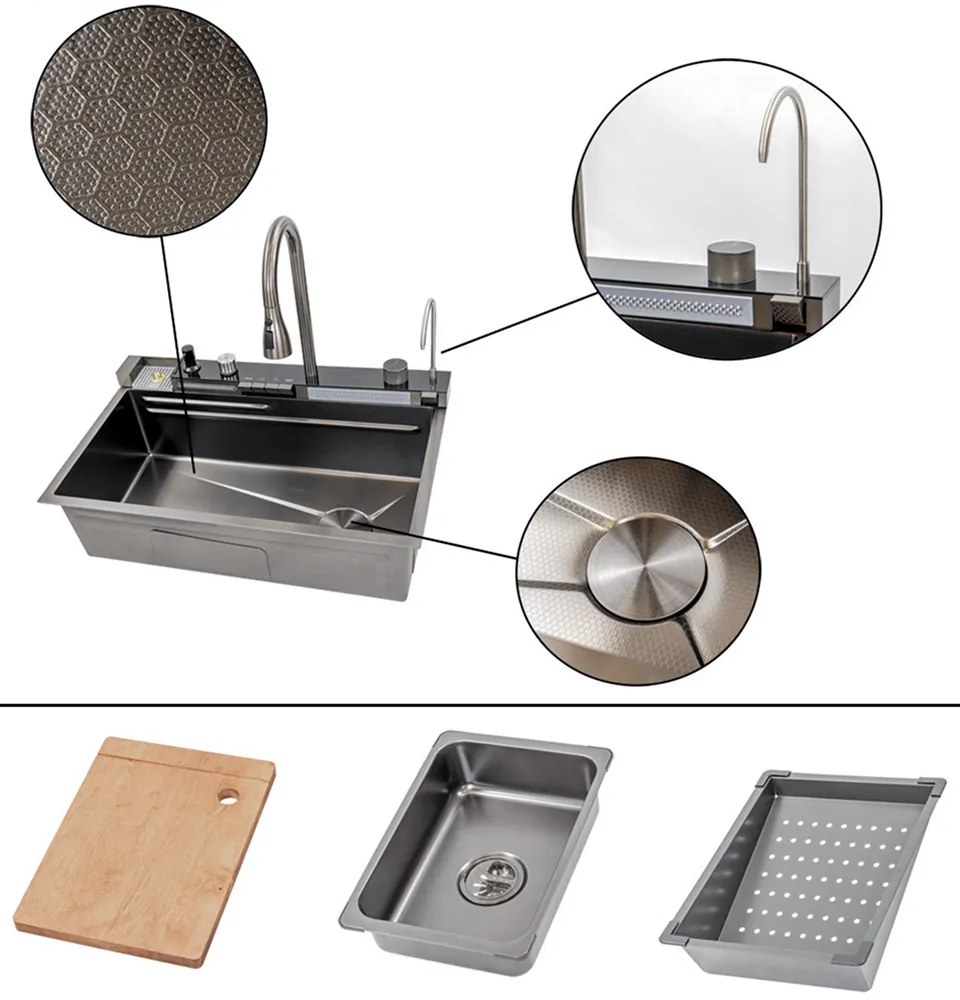 Catania multifunkciós rozsdamentes mosogató digitális csapteleppel