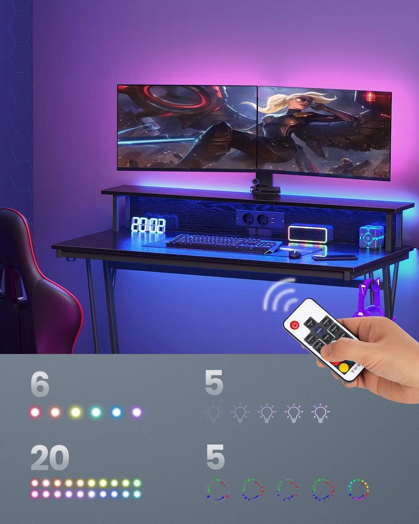 Íróasztal led világítással,számítógép asztal beépített elosztóval, fekete