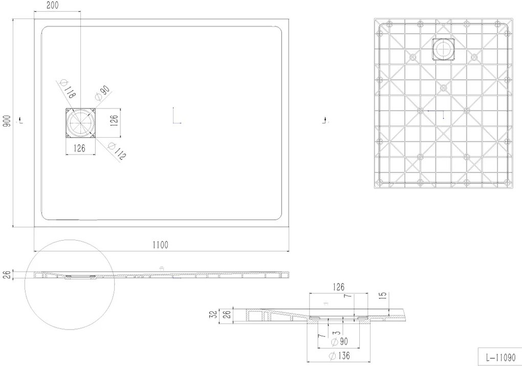 Erga Hyper, SMC zuhanytálca 110x90x2,6 cm + szifon, fehér matt, ERG-V06-SMC-9011S-WH