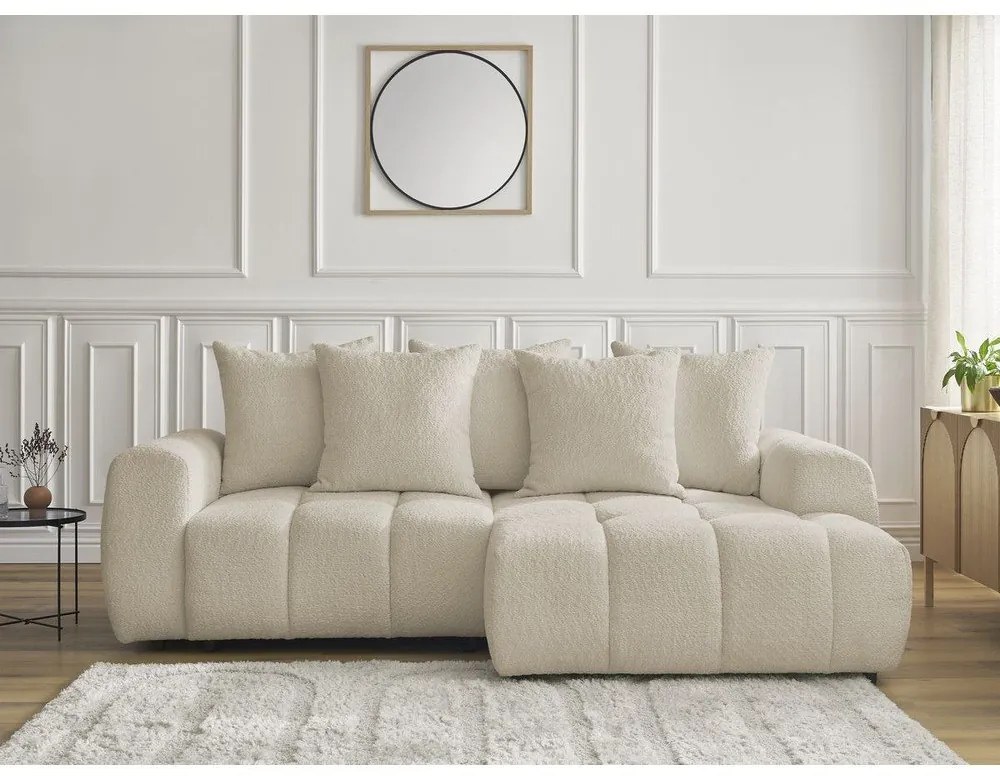 Bézs buklé kinyitható-tárolóhelyes sarokkanapé (jobb oldali-heverő résszel) Roxelane – Bobochic Paris