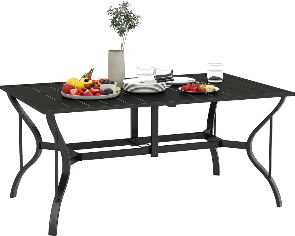Outsunny Kerti Asztal Fém 150x90 cm Időjárásálló Teraszasztal Napernyőnyílással, Rácsos Bútor Asztal 6 Fő részére Kültéri Kert, Terasz, Erkély Számára
