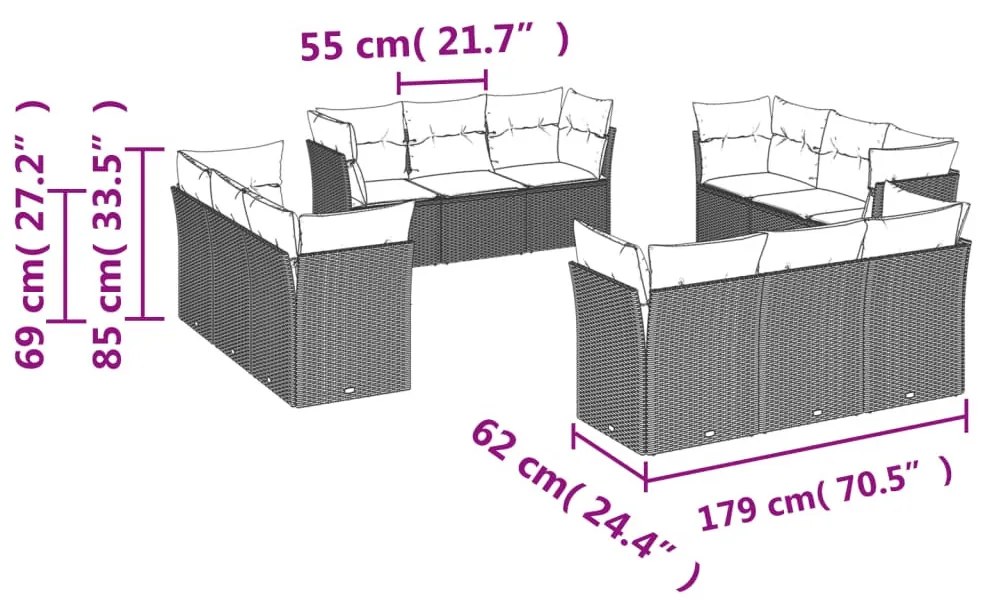 12 részes barna polyrattan kerti ülőgarnitúra párnákkal