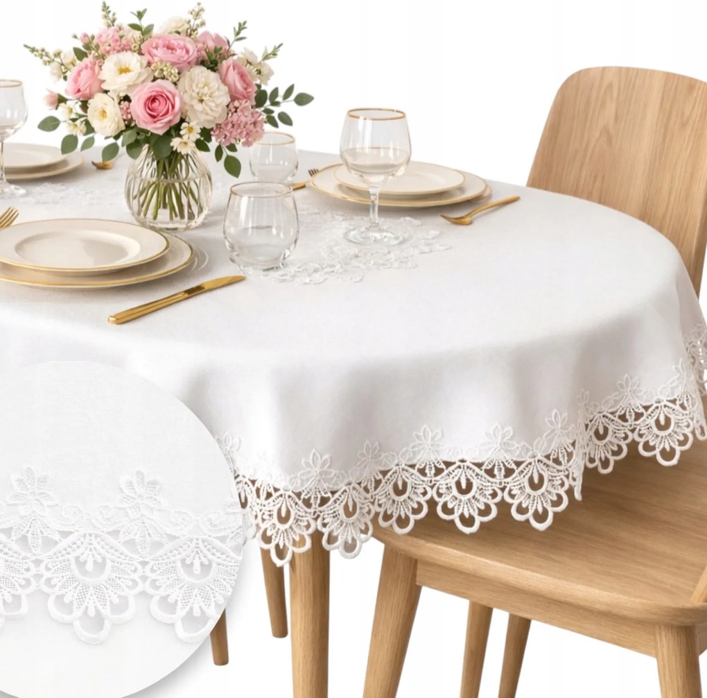 Abrosz Ovális Asztalterítő Elegáns boho csipkés ovális gipiurával 150x220 Fehér