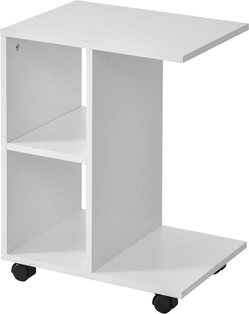 HOMCOM Modern Kis Oldalsó Asztal C-alakú Kerekes Nyitott Polcokkal Nappalira Hálószobába 45x35x58 cm Fehér | Aosom