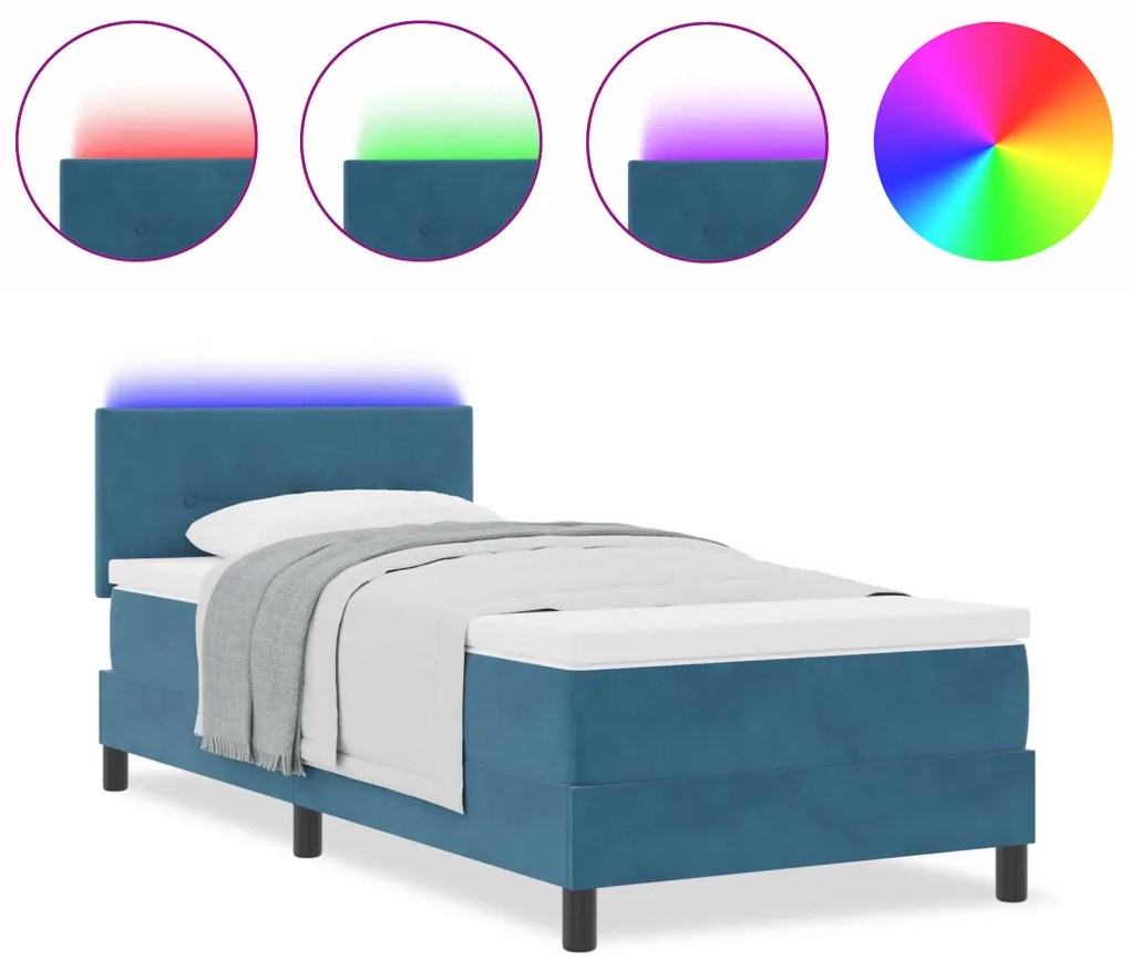 Boxspring Ágy Matraccal és LED-del Sötétkék 90x190 cm Bársony