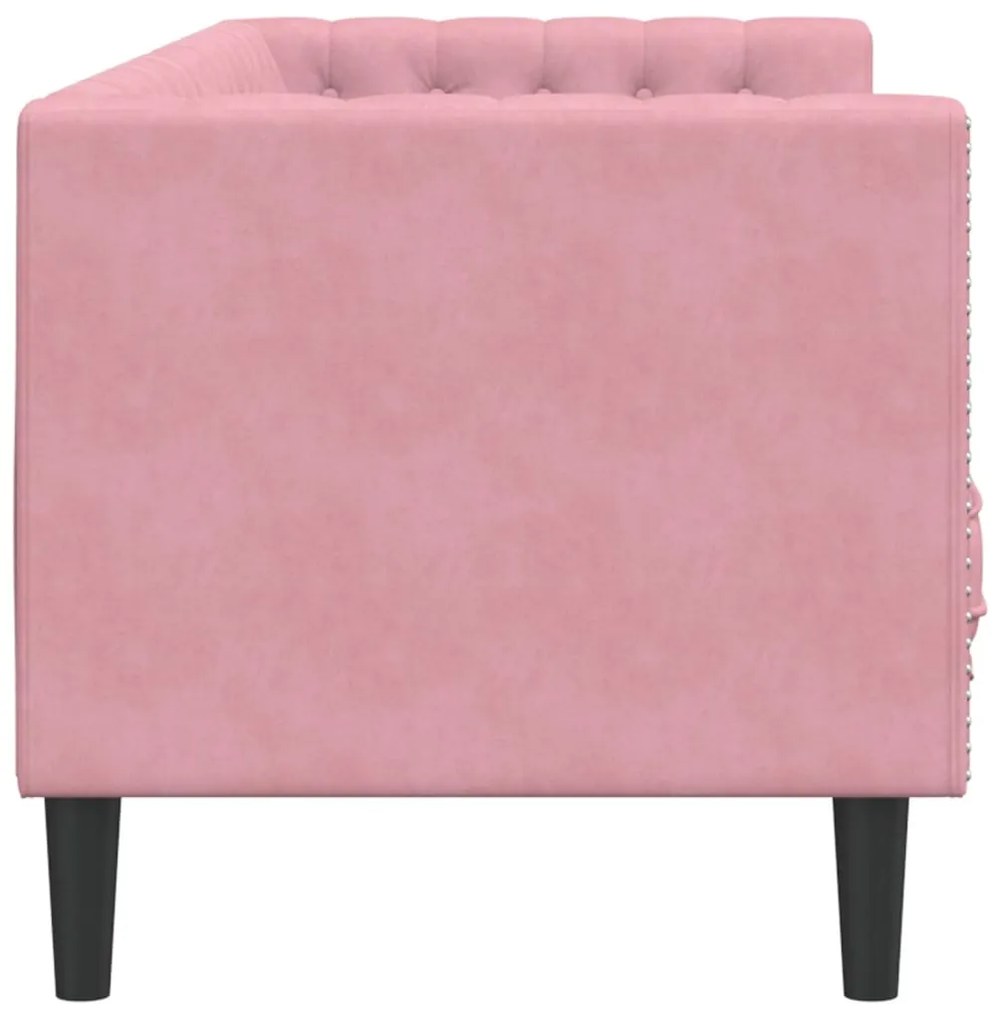 3 személyes rózsaszín bársony Chesterfield kanapé párnákkal