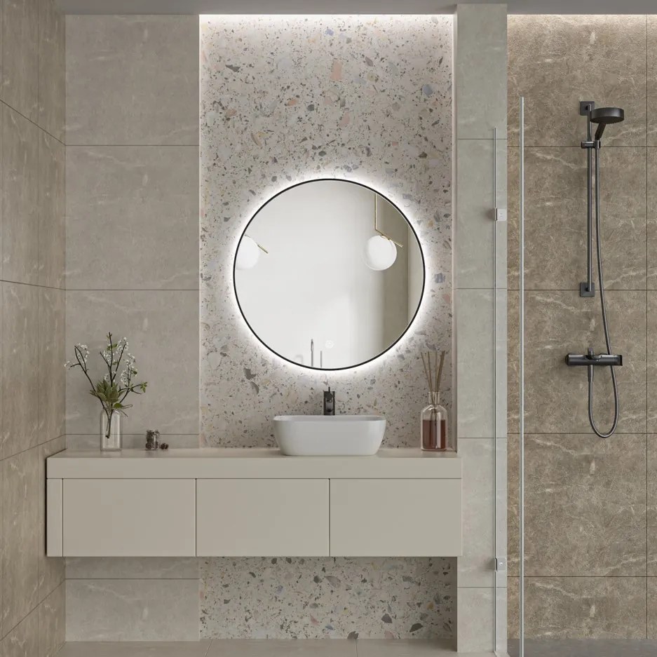 Erga Emma, kerek LED tükör 80cm, fekete fém keret, 1840 lm, 6500K, háttérvilágítás, ERG-V01-201-8080-BK