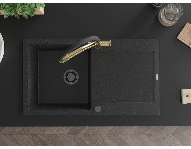 Mexen Leo, 1 kamrás gránit mosogató 900x500x190 mm és Duo mosogató csaptelep, fekete-ezüst metál, 6501-73-671701-57-B