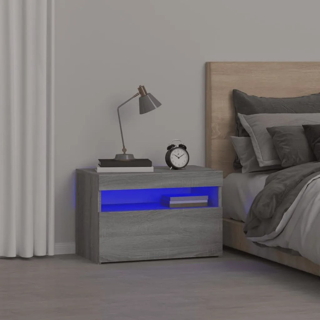 Szürke sonoma színű éjjeliszekrény LED világítással 60x35x40 cm