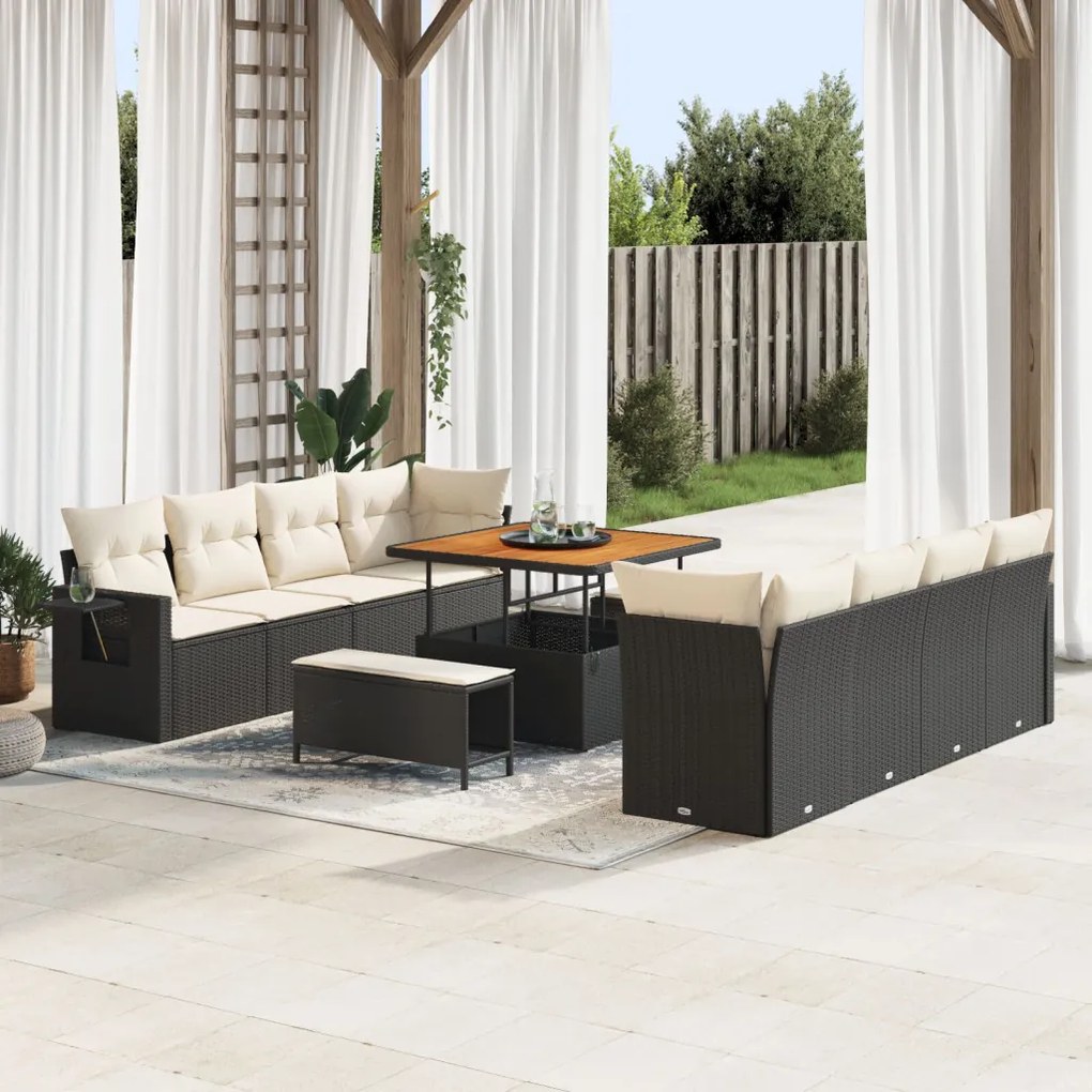11 Részes Kert Sofa Szett Párnákkal Fekete Poli Rattan Akác, 3 Részes Kert Étkező Szett Párnákkal Fekete Poli Rattan Akác