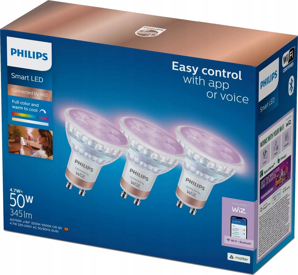 Led izzó GU10 4.7W 50W Rgb Intelligens Smart WiFi WiZ Philips 3 db
