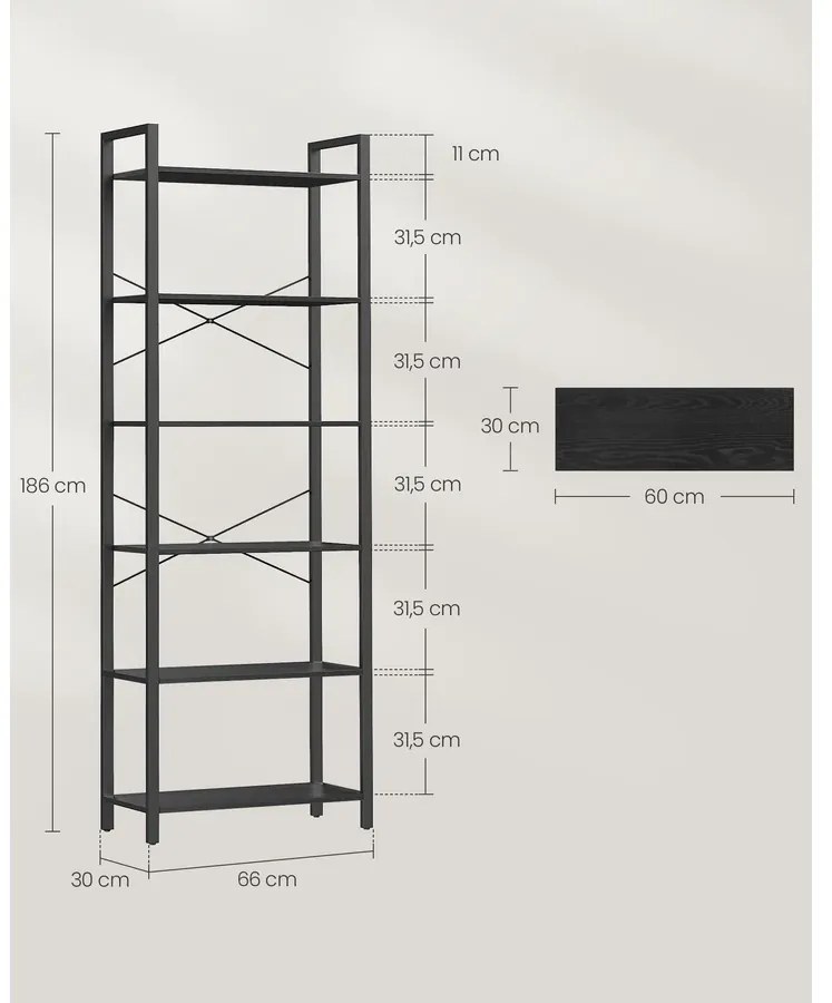 6 szintes magas könyvespolc, szabadon álló polc, acélkeret, fekete