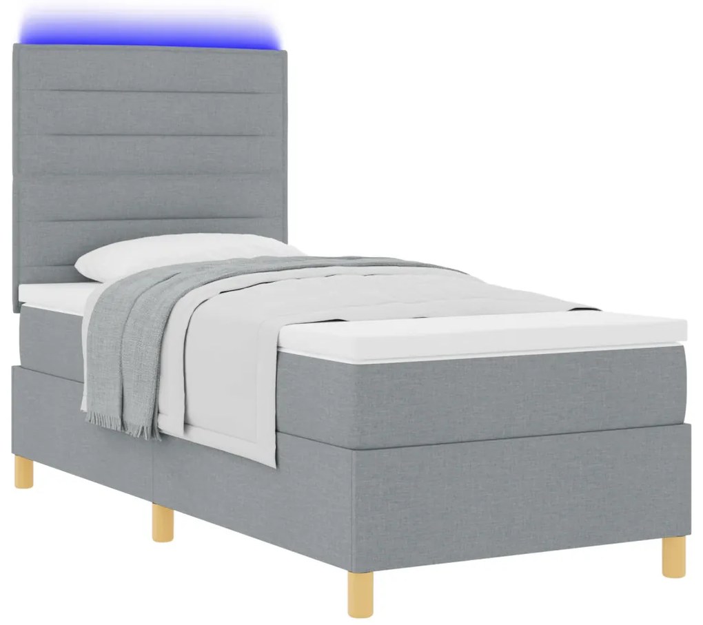 Box Spring Ágy matraccal és LED világítással Világosszürke 90x200 cm Szövet
