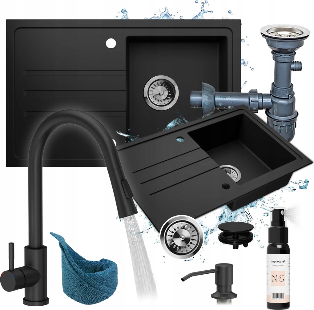 Fekete gránit mosogató szett: mosogató szifon csaptelep adagoló csepegtető