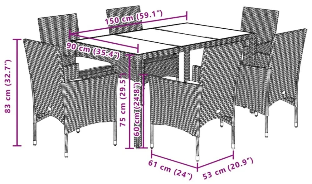 vidaXL 7 részes fekete polyrattan/üveg kerti étkezőgarnitúra párnával