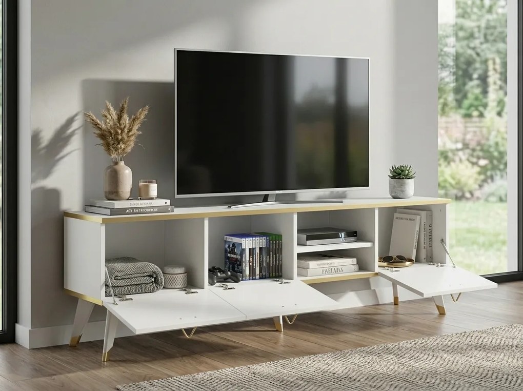 AKCIÓ TV asztal CAROL 160 cm, fehér/arany II. minőség