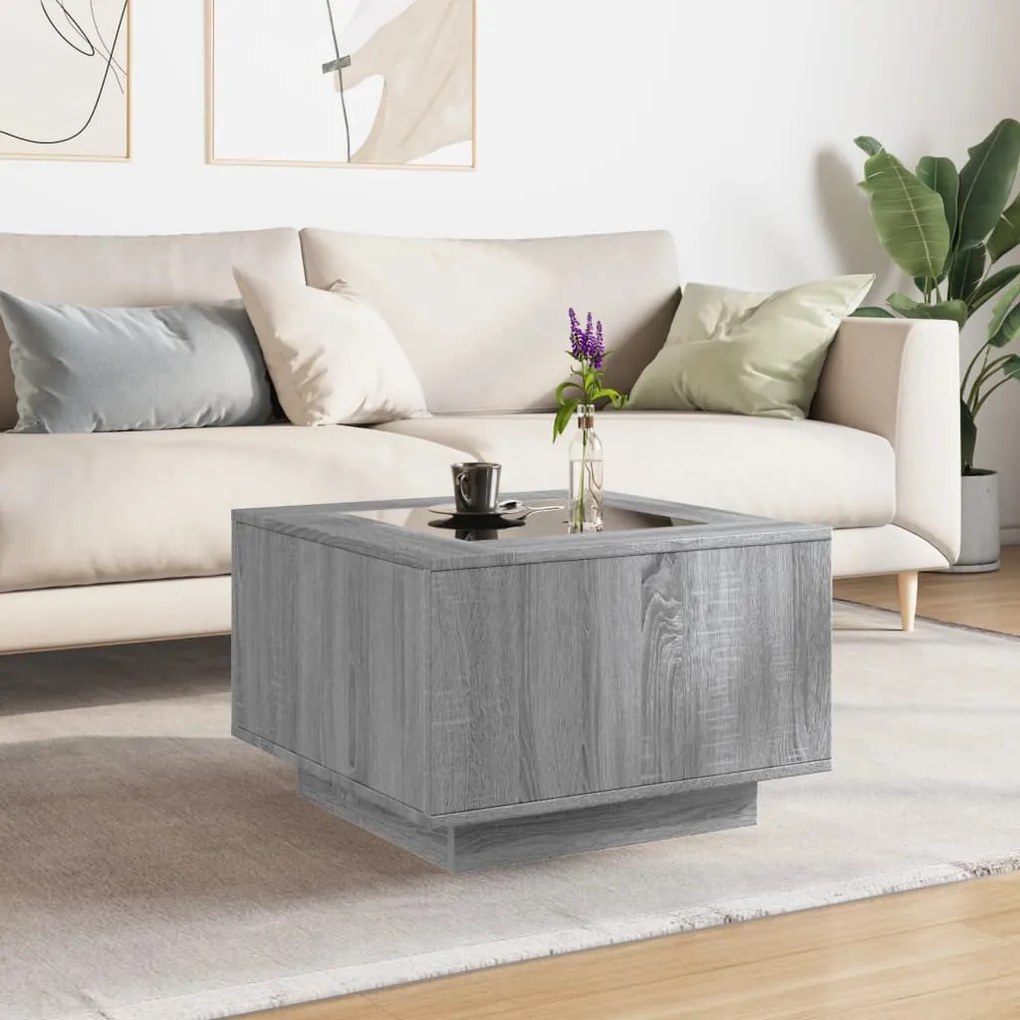 Szürke sonoma szerelt fa dohányzóasztal LED-del 60 x 60 x 40 cm