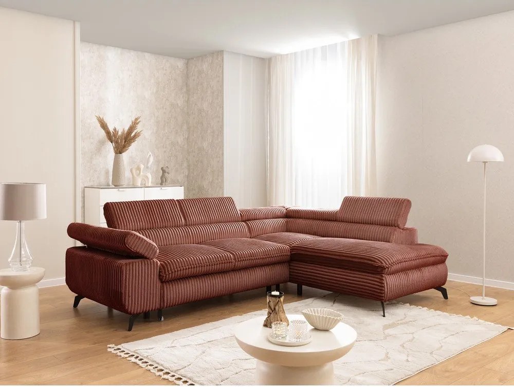 Terrakotta színű kordbársony sarokkanapé (jobb oldali-L alakú) Marbeya – Ropez