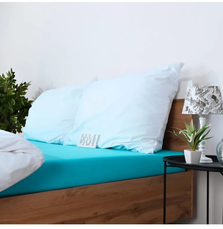 EMI türkizkék 100% pamutjersey gumis lepedő, 90x200-as lap