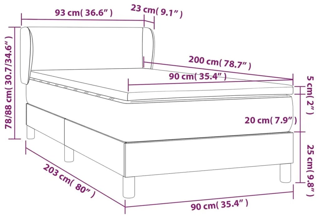 sötétkék bársony rugós ágy matraccal 90 x 200 cm