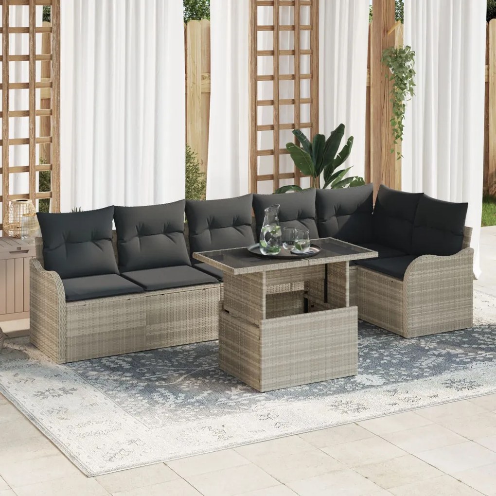 7 darabos kerti kanapé szett párnákkal világosszürke poly rattan, 2 személyes kerti kanapé párnákkal világosszürke poly rattan