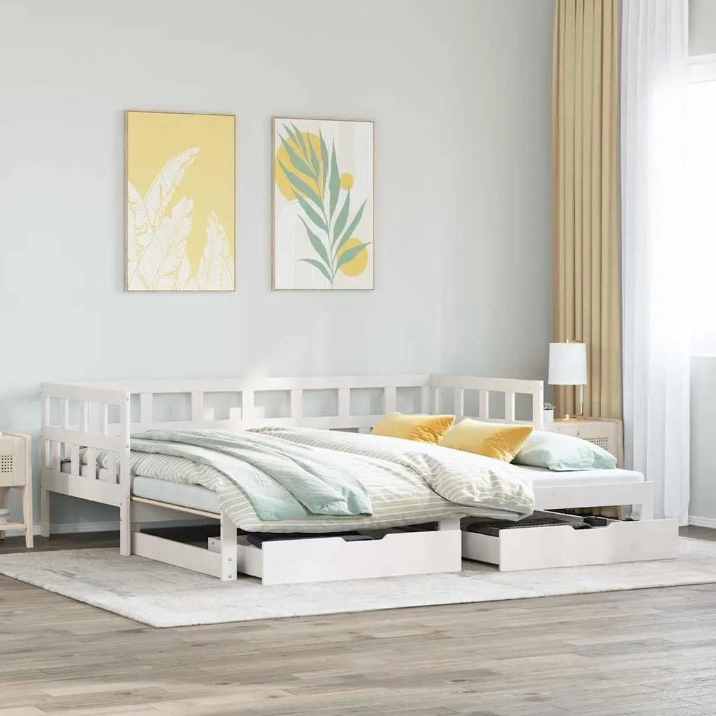 fehér kihúzható heverő fiókokkal matrac nélkül 90 x 200 cm